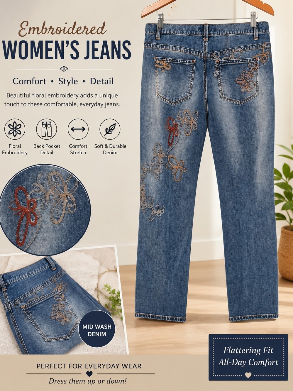 Embroidered Straight-Leg Women's Jeans — Blue Floral Detail
